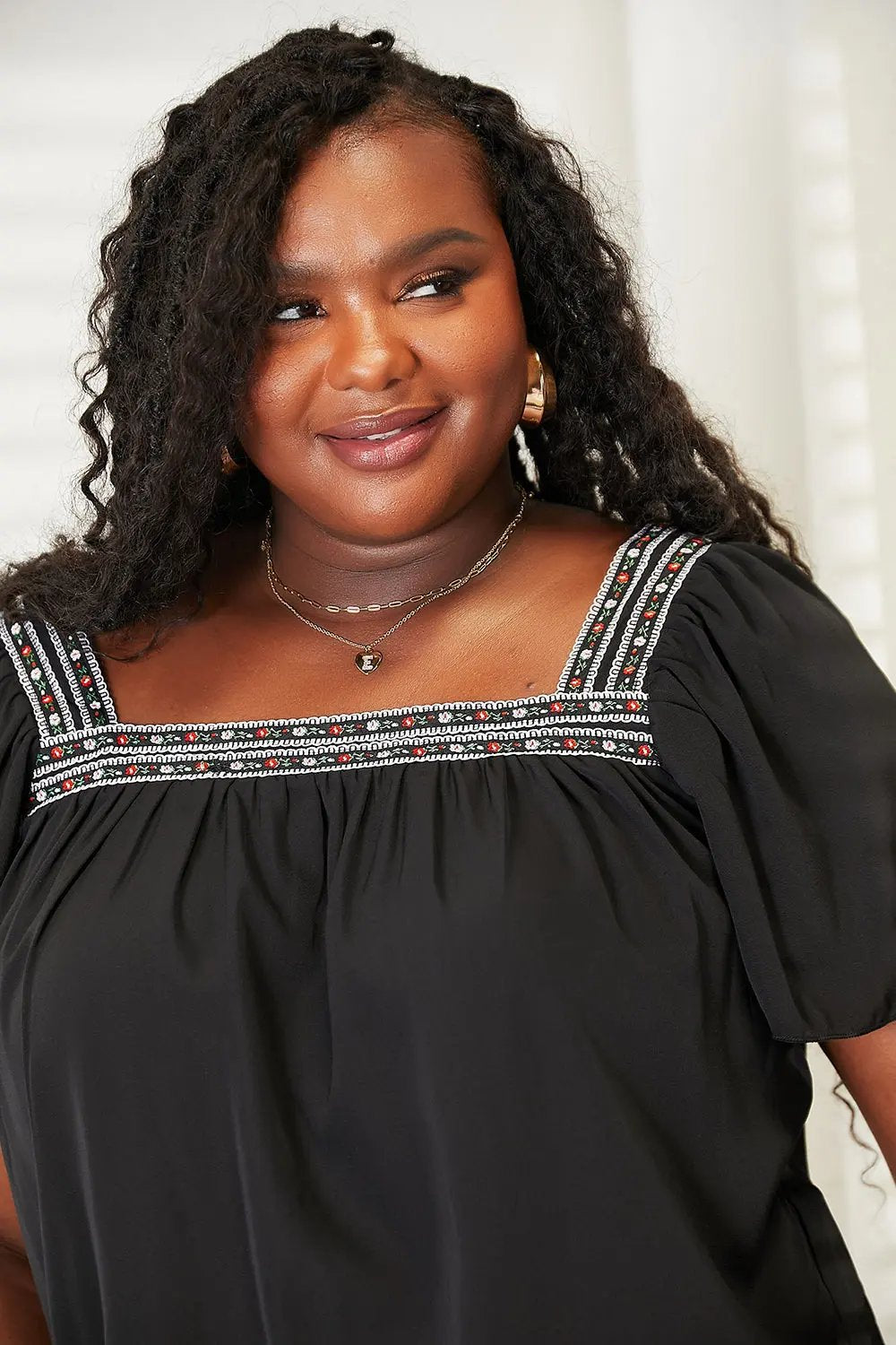 Double Take Contrast Square Neck Puff Sleeve Blouse - Love Salve